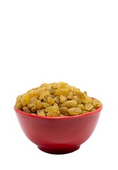 Golden Raisin in a Red Bowl Isolated on White Background with Copy Space