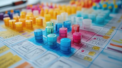 Vibrant, color-coded game pieces strategically placed on a project management board indicating workflow, planning, and progress tracking.