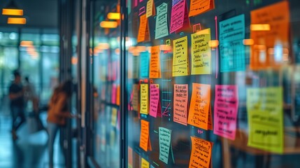 A vibrant display of colorful sticky notes on a glass wall in a busy office environment, signifying teamwork and planning.