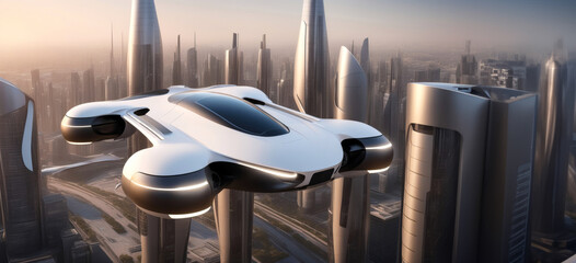 Futuristic electric VTOL quadcopter flying on a modern city. New mobility zero emission concept