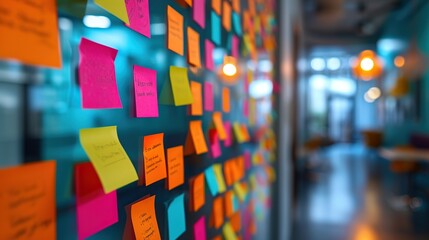 A close-up view of a brainstorming session using bright post-it notes on a window in a modern office corridor.
