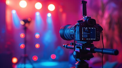 A professional DSLR camera on a tripod, ready to record a stage event, capturing the vibrant atmosphere of a live performance with colorful stage lighting.