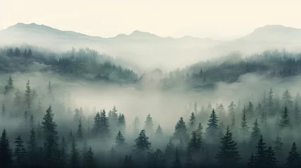 Wandaufkleber Wald im Nebel Misty pine forest background. Natural background. Camping. vacation 