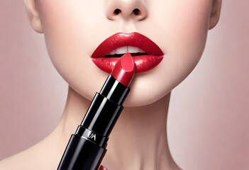 woman applying lipstick - obrazy, fototapety, plakaty