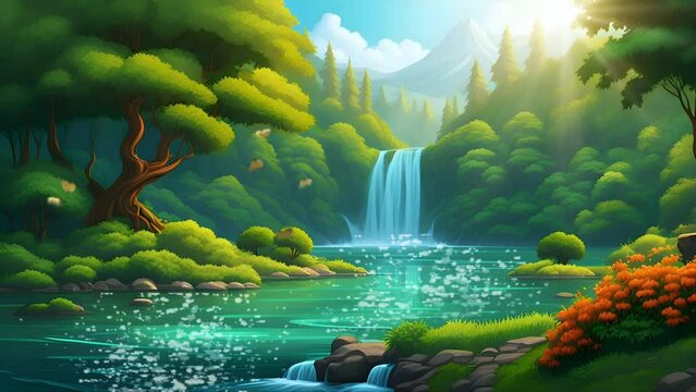 Beautiful fantasy tropical forest nature. Watercolor style or anime illustration. seamless looping video animated virtual background