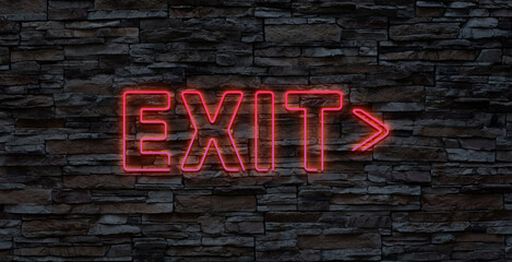 Exit neon sign on brick wall background. Exit fireplan concept.