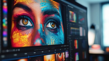 A computer screen displays the detailed editing process of a colorful artistic makeup design, highlighting the beauty of digital art enhancement.