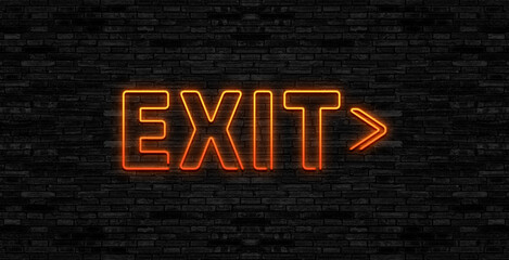 Exit neon sign on brick wall background. Exit fireplan concept.