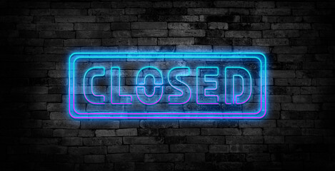 Obraz premium Glowing neon Closed sign with magic sparkles on dark red background. Used vector brushes are included. There are fastening elements and letters in a symbol palette.