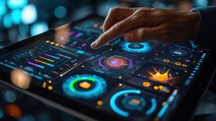 Obraz premium A person interacting with an advanced DJ touch interface with glowing controls and dials, signifying modern music technology.