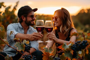 A couple savors the essence of autumn at a winery, their faces illuminated by the warm glow of their wine glasses amidst a backdrop of ripe grapes and vibrant fall foliage