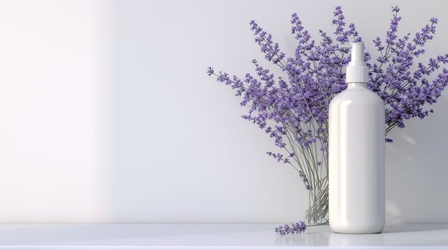 Over a white backdrop, a white care bottle mockup with a free label or urn of lavenders space, Generative AI.
