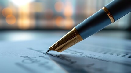 A close-up of a luxurious fountain pen about to sign an official document, set against a backdrop of soft sunset light. - obrazy, fototapety, plakaty