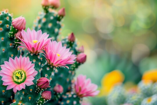 Closeup of pink cactus flower on blurred green and yellow in garden with copy space using as background cover page concept.