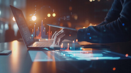 person's hands are seen typing on a laptop keyboard, with futuristic digital graphics of charts, graphs, and data analytics floating above the computer screen.