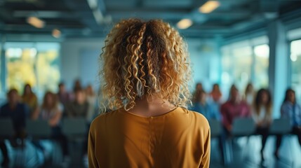 Rear view of a female speaker with curly hair facing a diverse audience in a bright seminar room setting. - obrazy, fototapety, plakaty