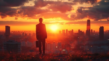 Fototapeta premium Silhouette of a businessman with a briefcase overlooking a sprawling cityscape bathed in the warm glow of a sunset.