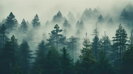 Papier Peint photo Lavable Forêt dans le brouillard Misty pine forest background. Natural background. Camping. vacation 