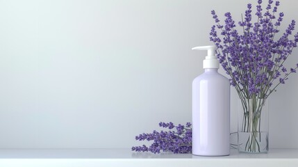 Over a white backdrop, a white care bottle mockup with a free label or urn of lavenders space, Generative AI.