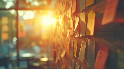 Sunlight filters through a bulletin board covered with colorful sticky notes, creating a warm, inspiring atmosphere for creativity and organization.