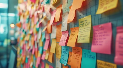 A vibrant display of multi-colored post-it notes attached to a grid wall in a modern office setting.