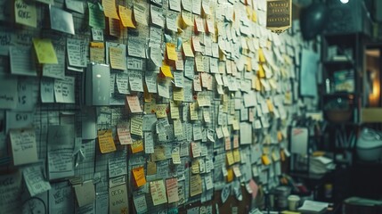 An office wall densely packed with colorful post-it notes, displaying a scene of organized chaos.