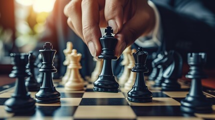 A close-up image of a hand confidently making a decisive move with the king piece on a chessboard, symbolizing strategy and foresight.