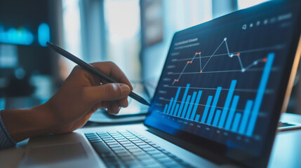 person's hand is holding a stylus over a laptop screen displaying various colorful data analytics and graphs.