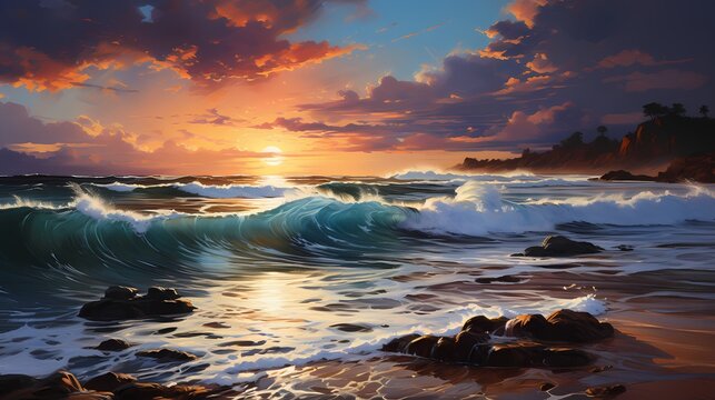 A tranquil cobalt blue ocean with gentle waves, reflecting the golden hues of the setting sun