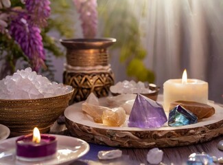 Obraz na płótnie Canvas Reiki crystals altar. Creating sacred meditation space with good vibes for home, relaxation and mental health