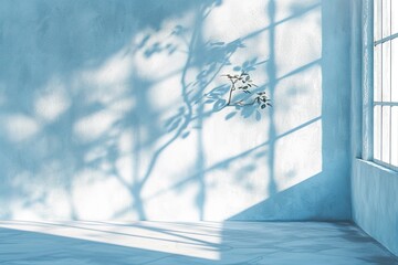 Minimal abstract natural light on blue wall, shadow of branches with leaves.