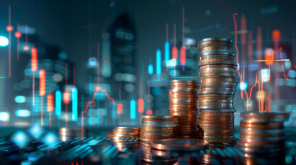 Stacked coins in various denominations with a digital stock market display in the background, all set against a bokeh of city lights, illustrating concepts of finance and investment.