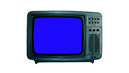 Retro tv with blue screen copy space. The TV set is isolated on a white background. Chroma key TV...
