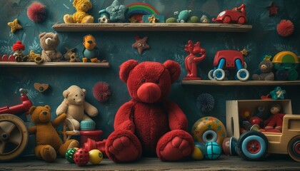 Obraz na płótnie Canvas An artfully composed photograph featuring a red teddy bear surrounded by an array of whimsical toys, creating a playful and imaginative scene in a child's world