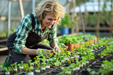 Fototapeta premium Happy senior woman plants young vegetables in beds