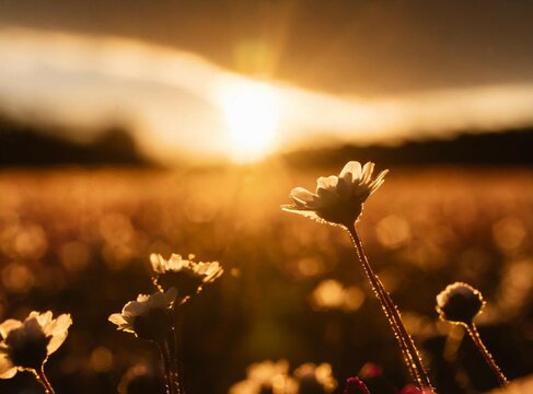 Spring equinox sunset over a flower field