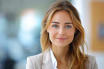 A beautiful woman with a contagious smile and long layered hair, radiating confidence and joy, captured in a stunning headshot against a simple wall backdrop