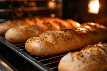 A warm, golden sea of bread rolls and loaves, fresh from the oven and filled with the comforting aroma of wheat gluten and bakers yeast, all waiting to be devoured by hungry customers at the bustling