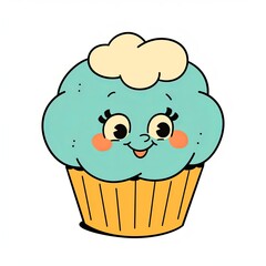 Happy blue muffin with face isolated on white background. Retro cartoon illustration. Groovy style, 60s. Retro aesthetics. Design for sticker, print, clipart. 