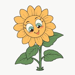 Happy sunflower character isolated on white background. Retro cartoon illustration. Groovy style, 60s. Retro aesthetics. Design for sticker, print, clipart. Spring season, springtime