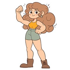 Woman shows her power isolated on white background. Retro cartoon illustration. Groovy style, 60s. Retro aesthetics. Design for sticker, print, clipart. Women's Day, feminism