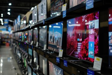Modern flat screen tvs for sale in electronic store - Powered by Adobe