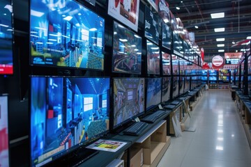 Modern flat screen tvs for sale in electronic store