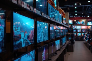Modern flat screen tvs for sale in electronic store - obrazy, fototapety, plakaty