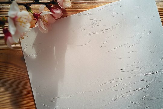 Blank notebook, a sketch pencil on the table, desktop background, a pink cherry blossom on the table as a decoration