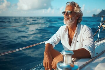 A lone man, sporting sunglasses and dressed in nautical attire, navigates his ship through the vast...