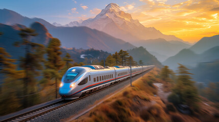 Fast train traverses majestic Himalayas, a marvel of engineering - obrazy, fototapety, plakaty