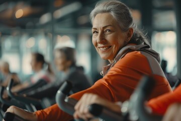 Smiling portrait of a senior woman on exercise bike in the gym - obrazy, fototapety, plakaty