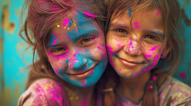 Two Joyful girls girlfriends with colorful faces celebrating Holi festival of colors