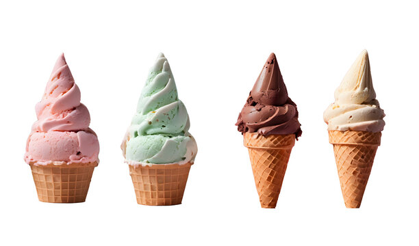 image of ice cream in a waffle cup of different flavors and colors on a transparent PNG background. food and cooking. Dessert